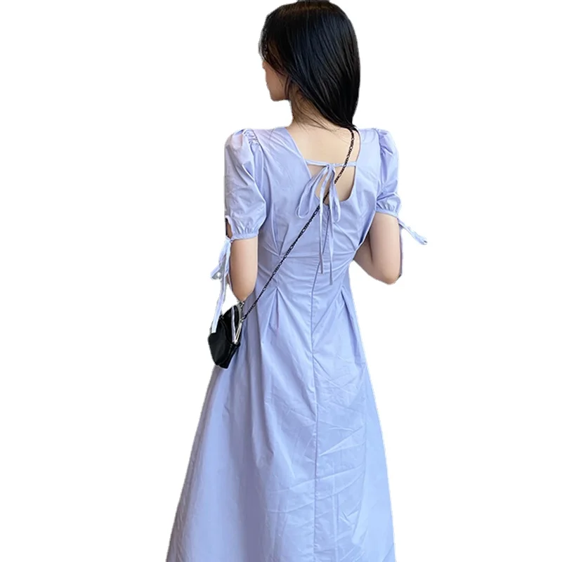 

2023 New Summer White Dress for Women Short Sleeve Purple Korean Square Collar Manor Girl Style Casual Midi Comfortable OL Dress