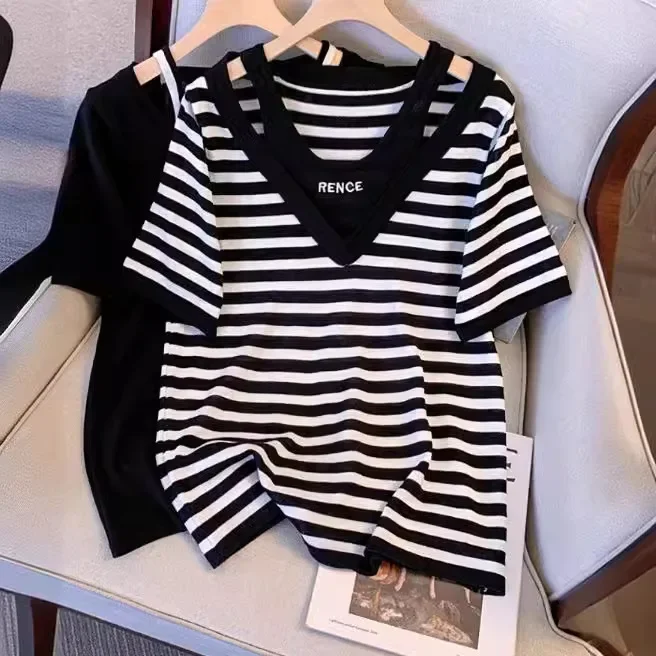 Двухсекционный вязаный топ из ледяного шелка в полоску больших размеров летний