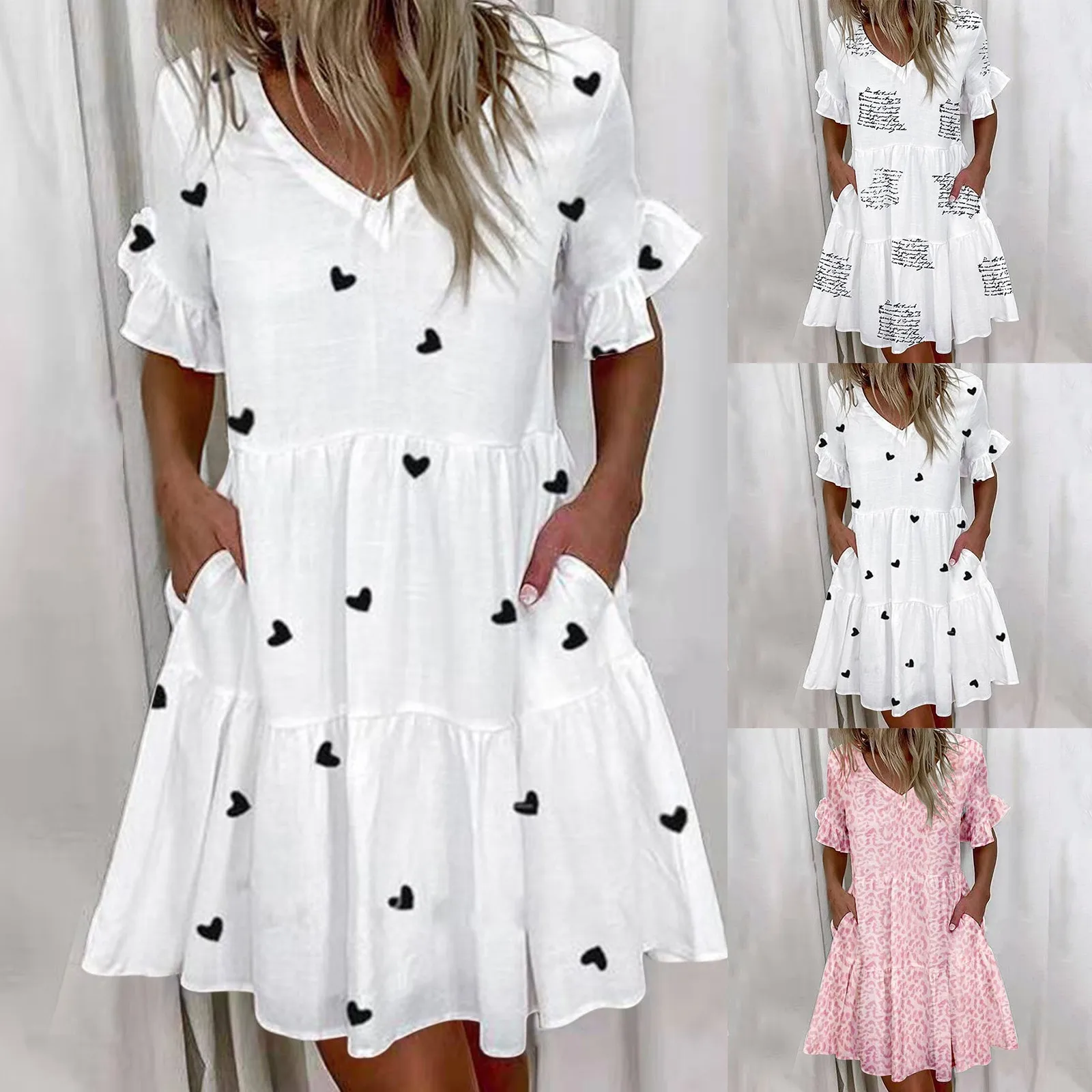 

Women V Neck Printing Ruffle Mid Sleeve Pleated Dress Women's Pocket Dress Choker Long Sleeve Dresses for Women