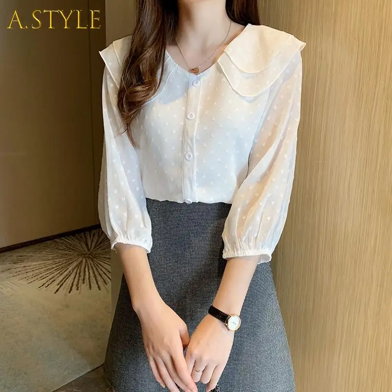 

A GIRLS 2022 Spring Summer New Fashion Peter Pan Collar Chiffon Blouse Korean Sweet Style Casual Shirt Long Sleeve Solid Shirt