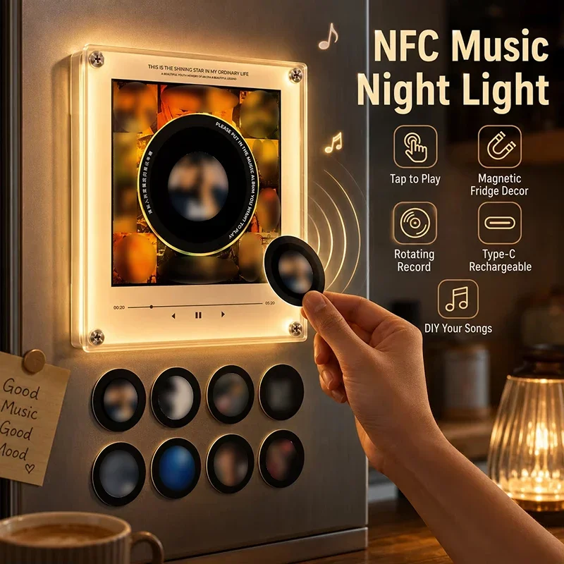 Фото Магнитный светильник NFC для холодильника с сенсорным управлением, воспроизведением музыки и отображением альбомов, магнитный декоративный светильник, ночник с зарядкой USB-C, украшение для холодильника №2