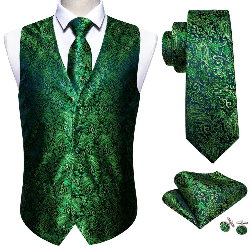 

Green Floral Silk Vest Waistcoat Men Slim Suit Vest Silver Necktie Handkerchief Cufflinks Tie Vest Barry.Wang Business Design