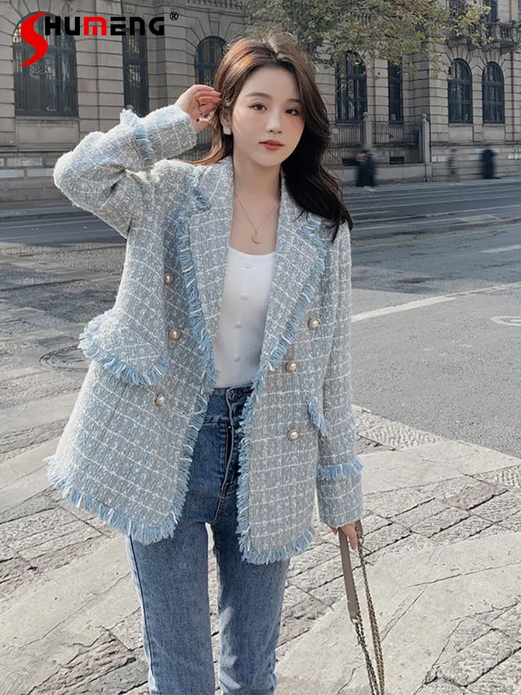 

French Tweed Tassel Coat Female 2023 Spring and Autumn New Korean Style Elegant Long Sleeve Plaid Slimming Suit Jacket Feminino