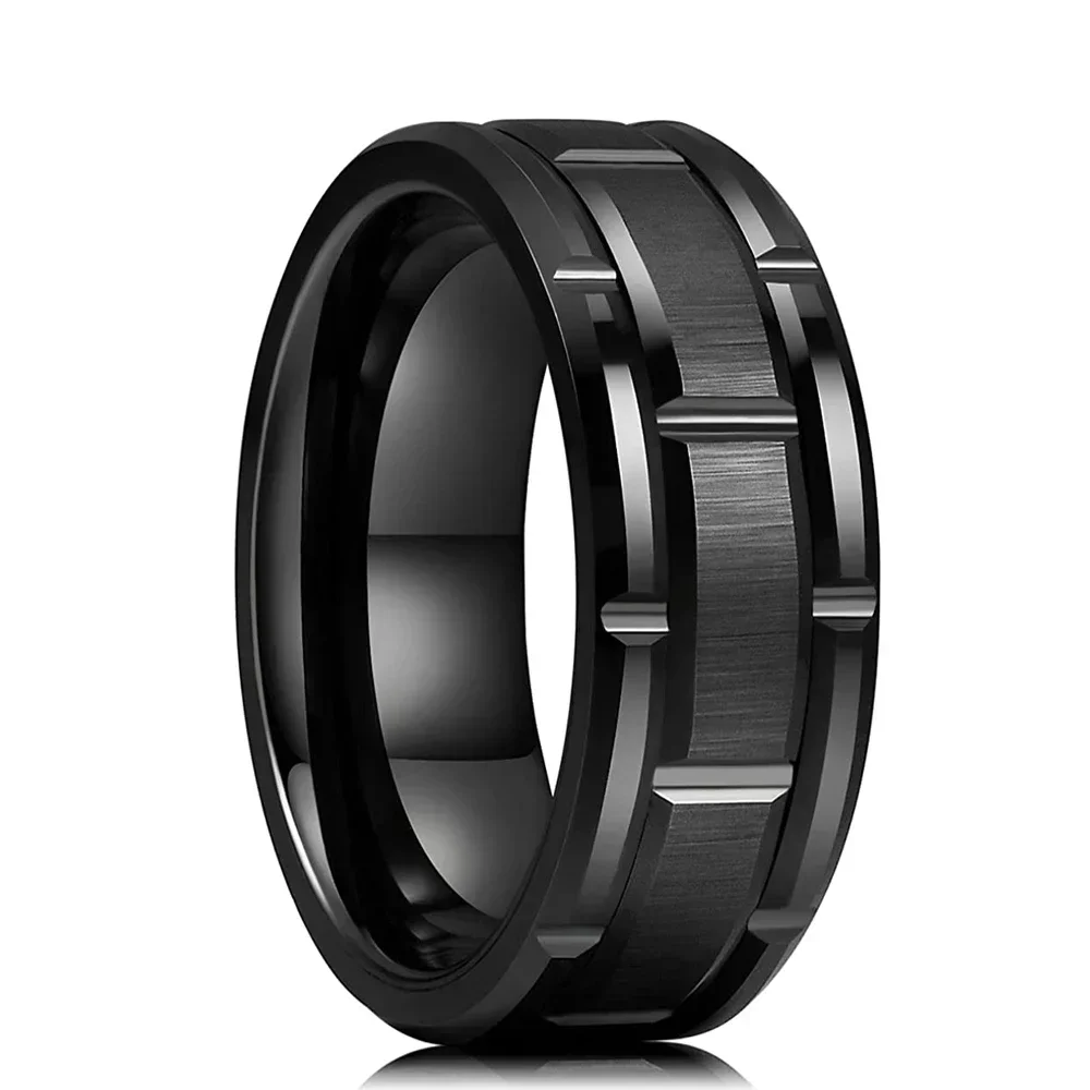 Classic Men's 8mm Black Tungsten Wedding Rings Double Groove Beveled Edge Brick Pattern Brushed Stainless Steel For Men