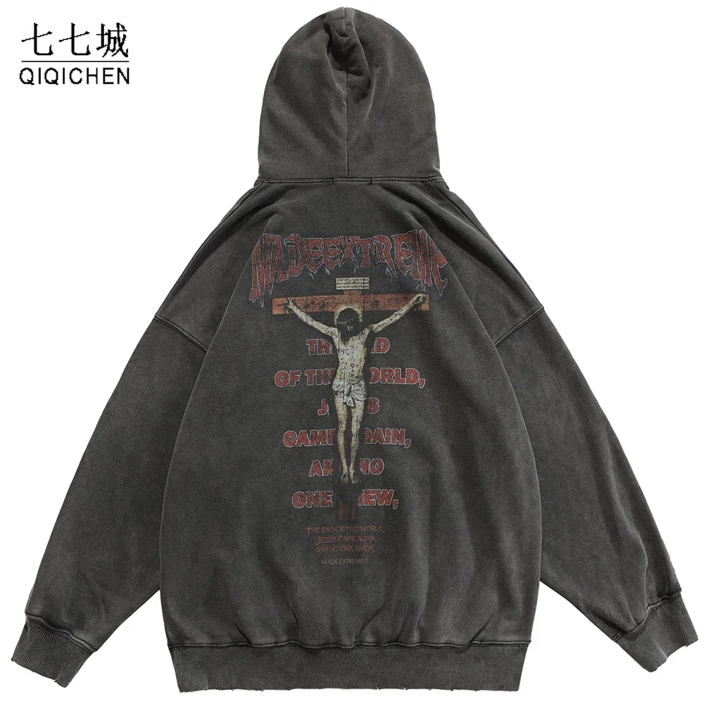 

Retro Jesus Print Hoodie Sweatshirts Men Big Pocket Pullover Loose Distressed Punk Hipster High Street Streetwear Sweatshirt New