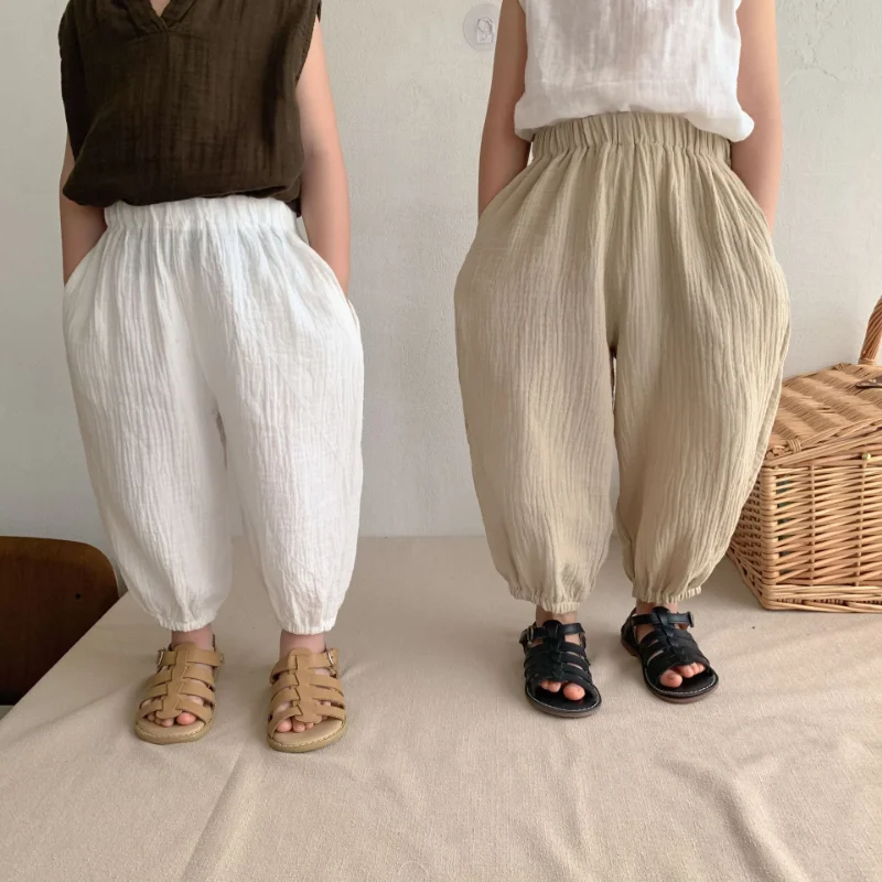 

Toddler Pants Cotton Double Gauze Children's Trousers Spring Summer New Boys Girls Casual Japanese Solid Pants Baby Bloomers