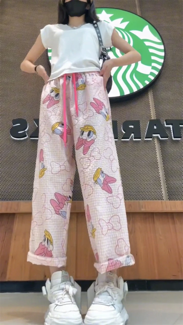 Korean Style Plaid Cute Cartoon Floral Print Casual Jumpsuit Women's Clothing Summer Thin Small Straight Cropped Pants Trousers