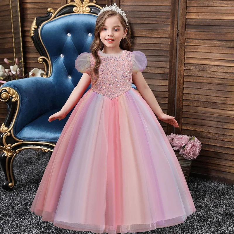 

New Europe Summer Party Dress Girl Rainbow Short Puff Sleeves Sequined Princess Dress Piano Host Birthday Wedding Dress 14 Years