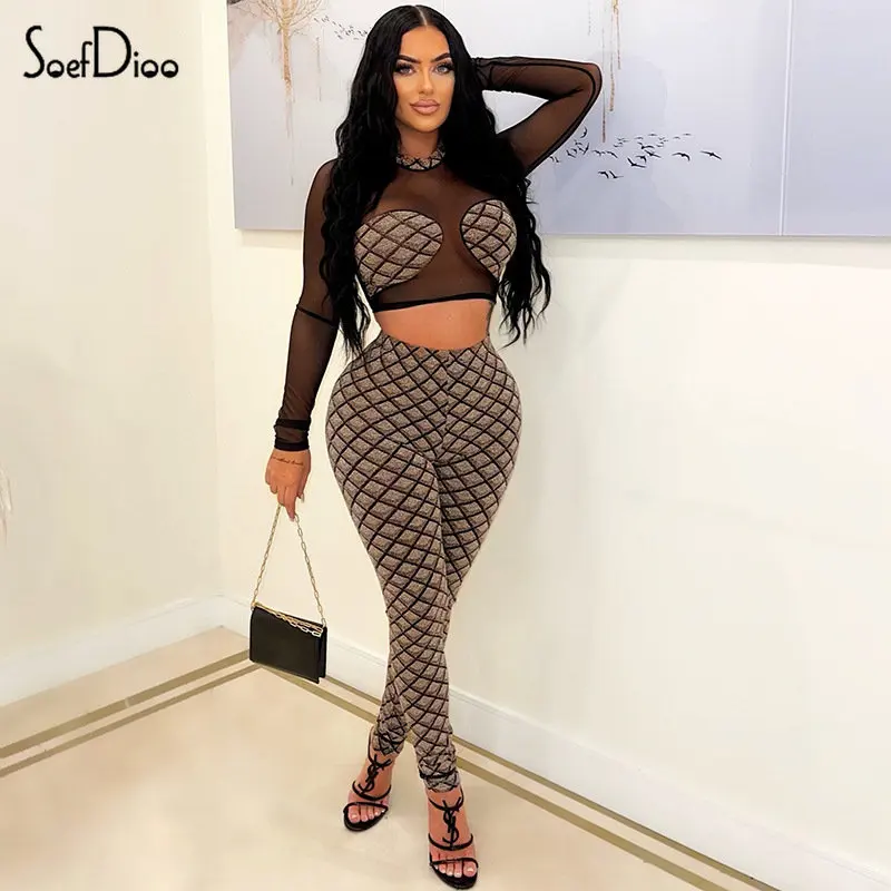

Soefdioo Printed Two Piece Set Women Sexy Sheer Mesh Long Sleeve Crop Top and High Wasit Pants Matching 2022 High Street Outfits