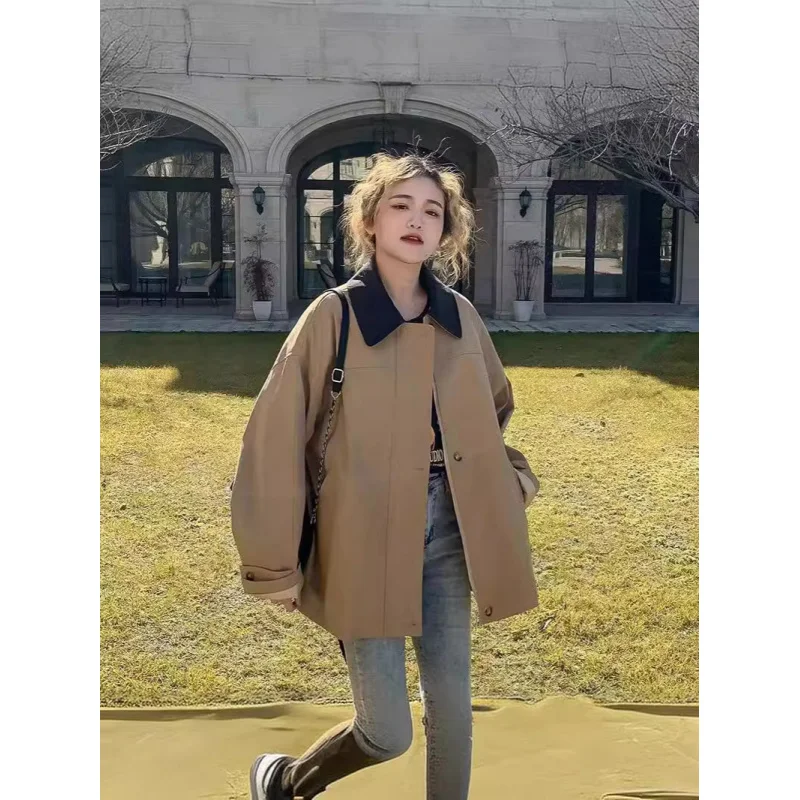 2024 Корейский стиль весенний новый воротник маленькое свободное простое пальто