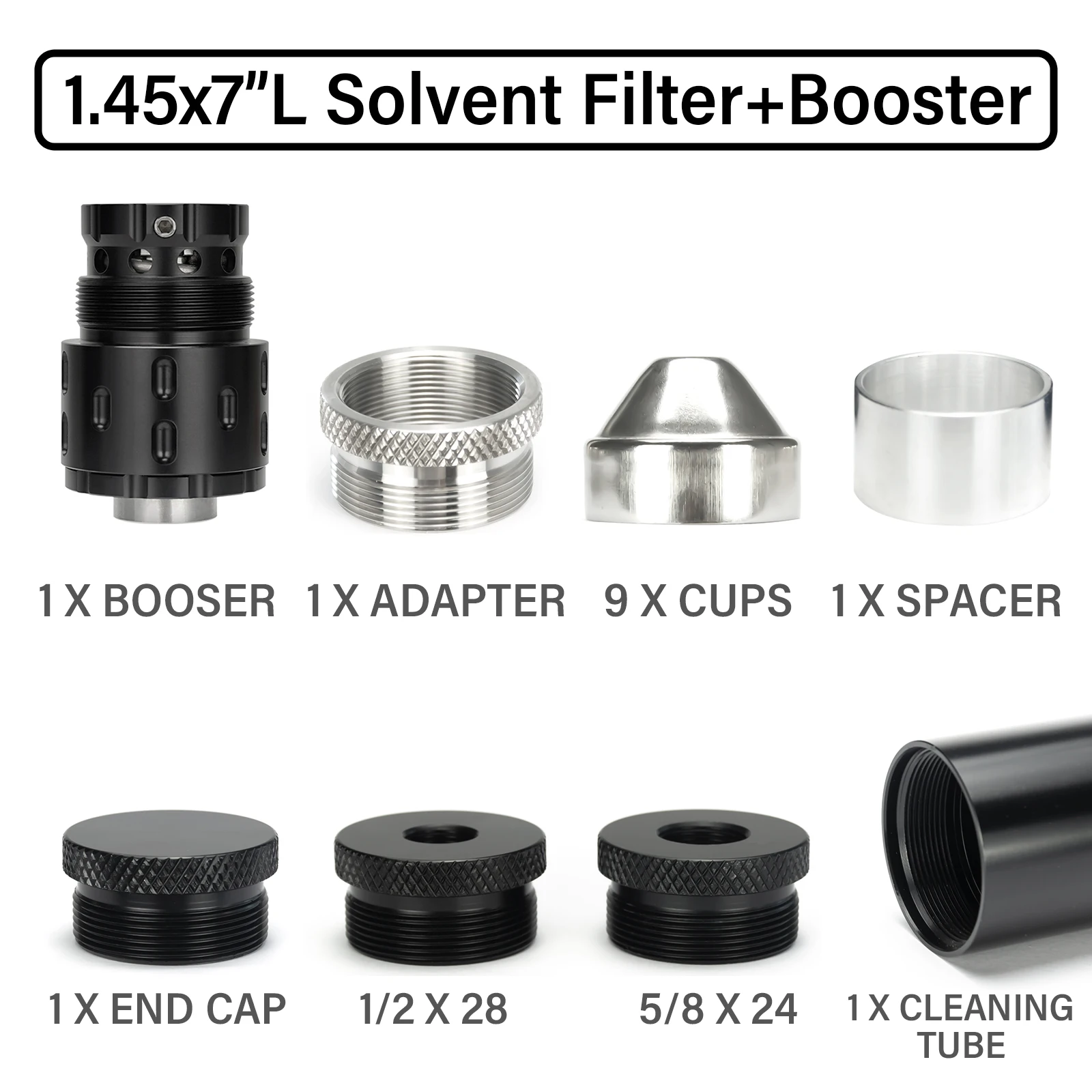 

1.45"OD 7"L 1/2x28+5/8x24 Solvent Cleaning Tube Filter + M34x1.25 to 1-3/16x24 Adapter +1/2-28, .578x28,13.5x1LH,9/16x24 Booster