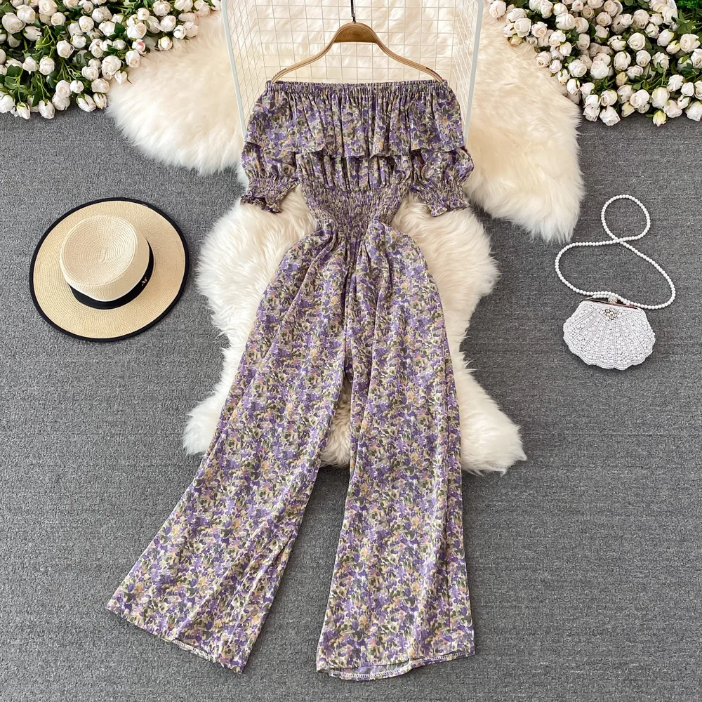 

Vintage Boho 2022 ruffles sexy off shoulder floral print Jumpsuit Summer elastic waist Full Length Women beach maxi long Romper