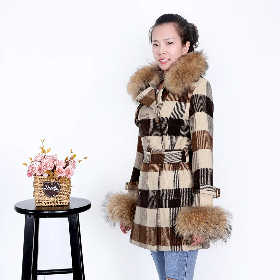 MaoMaoKong2020 клетчатое женское пальто из кожи енота с меховым воротником большого