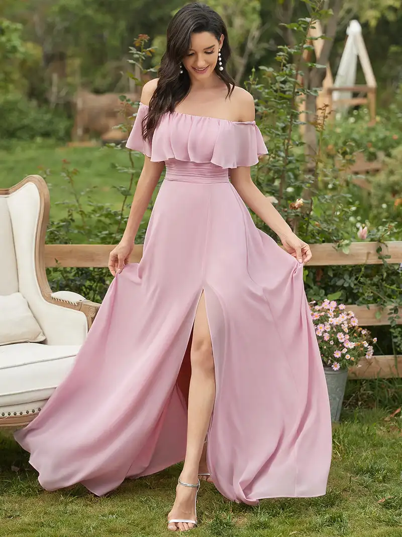 

Elegant Evening Dress Women's Off Shoulder Ruffle Thigh Split Wholesale Ever Pretty 2023 of Mauve Chiffon Bridesmaid Dresses