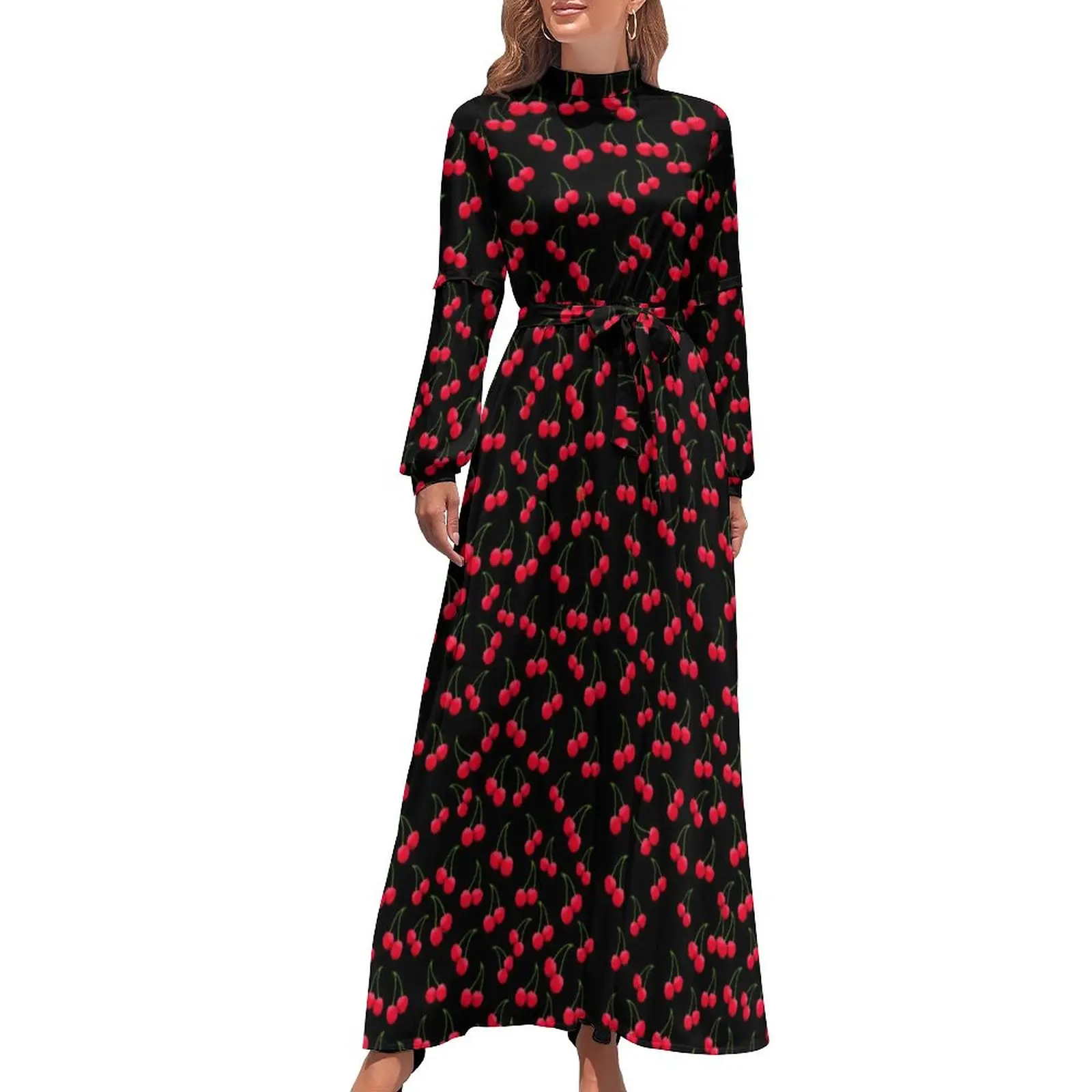 

Винтажное платье макси с принтом вишни, длинное пляжное платье в стиле бохо, с высокой талией, с рисунком красных фруктов, уличная мода
