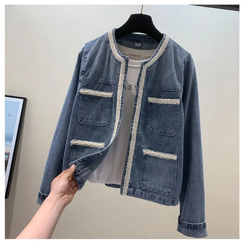 Женская джинсовая куртка с длинным рукавом свободная повседневная из денима