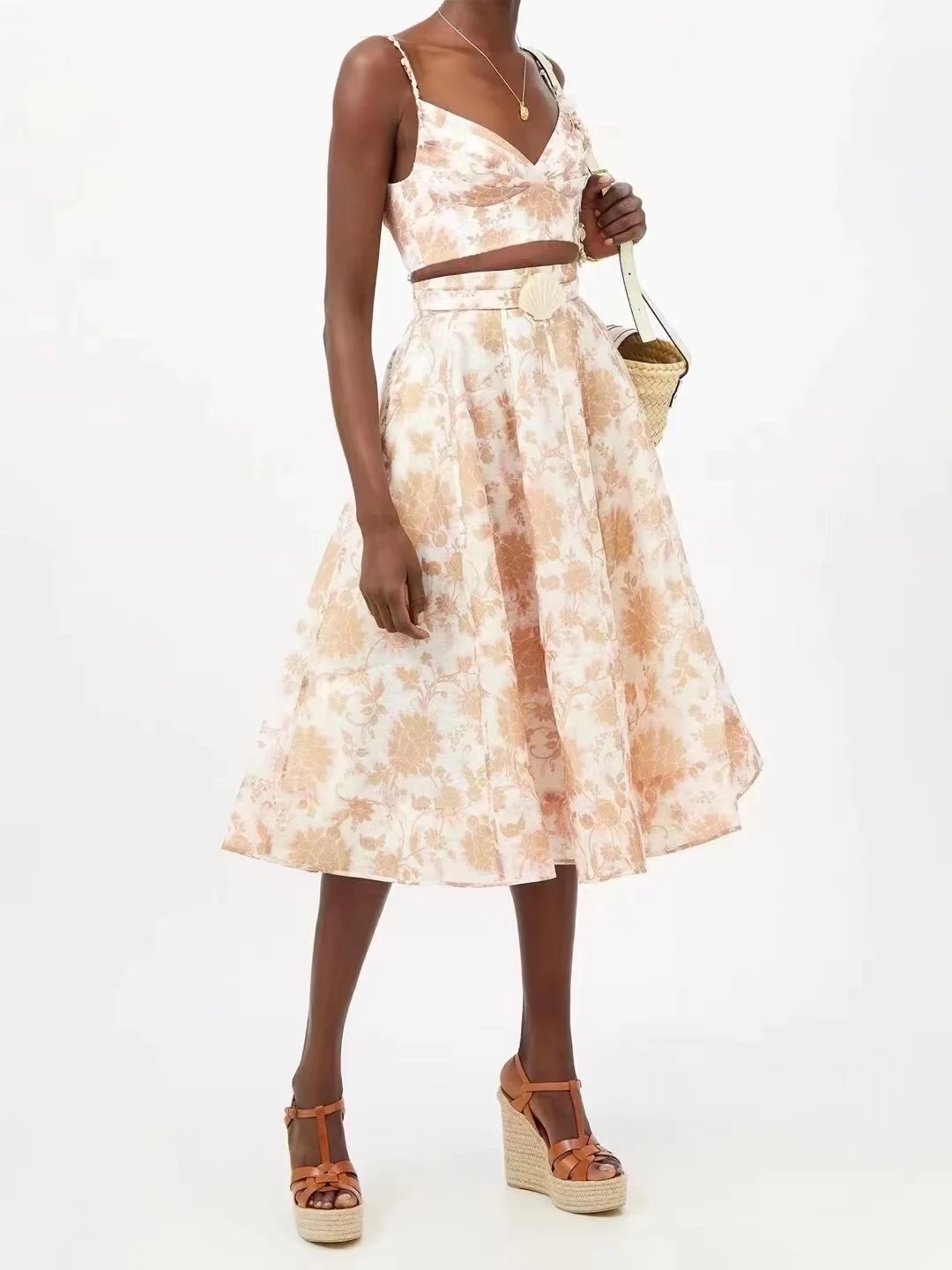 

Linen Floral Printing Spaghetti Strap Tops Skirts Bottoms Zimm Suit High Quality Sexy Bohemian Beach Women Runway Designer Chic