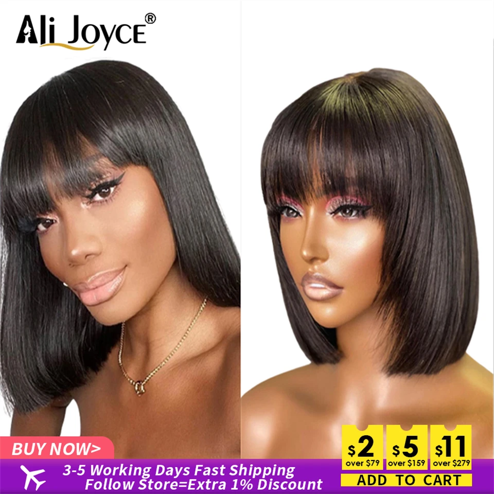 Straight Bob Wigs With Bangs Malaysian Hair Wigs For Black Women Human Hair Natural Color Machine Made Straight Human Hair Wigs