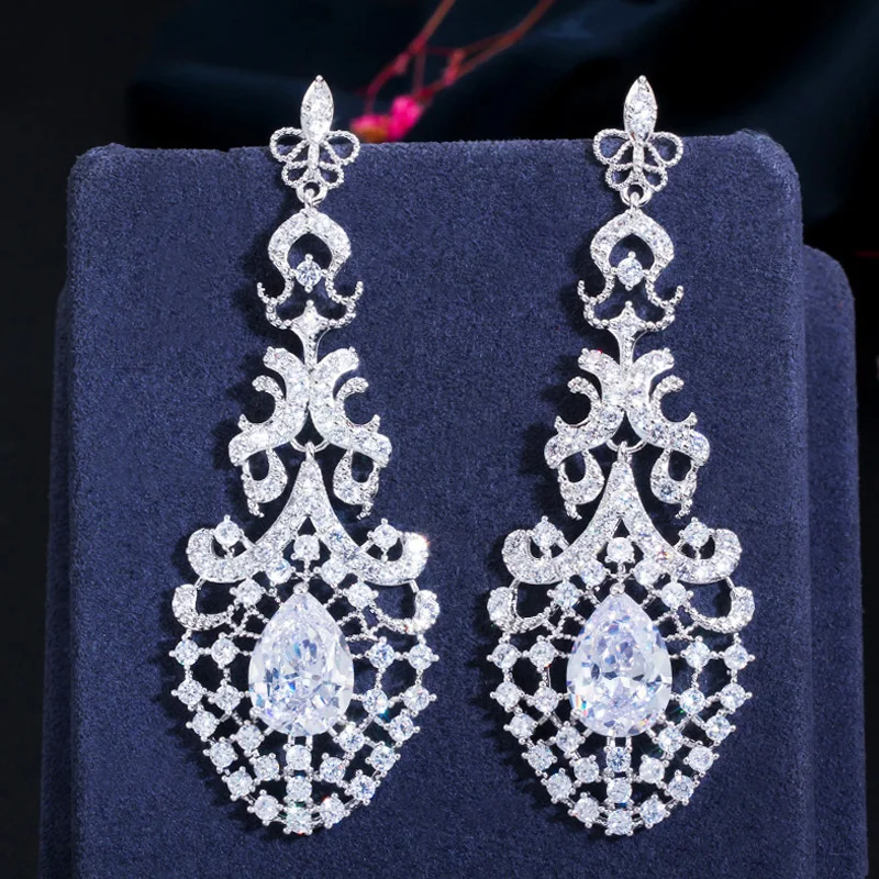 

ThreeGraces Vintage White Cubic Zirconia Silver Color Long Dangle Drop Earrings for Women Nigerian Wedding Party Jewelry ER929