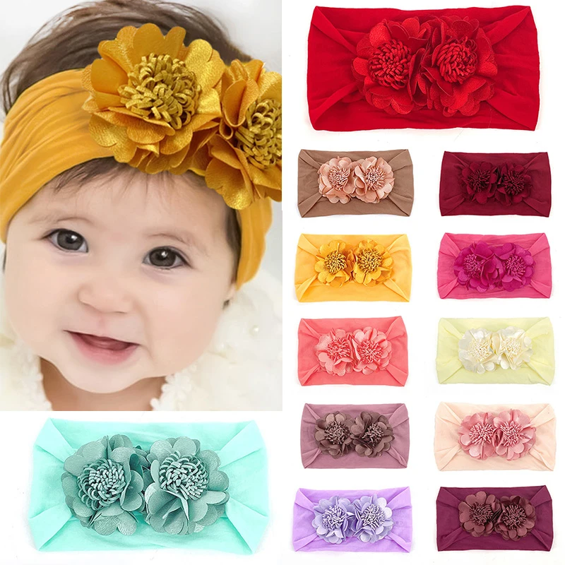 

New Camellia Flowers Wide Elastic Nylon Headband Kids Headwrap Headwear Stretchy Cotton Turban for Children Hair Accessories