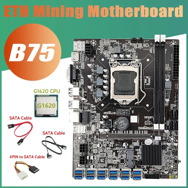 

B75 12USB BTC Mining Motherboard+G1620 CPU+2XSATA Cable+4PIN IDE To SATA Cable 12 USB3.0 B75 ETH Miner Motherboard