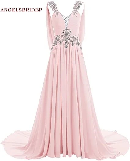 

ANGELSBRIDEP Cap Shoulder Prom Dresses Vestidos de festa Chiffon Crystal Floor-Length Formal Evening Party Gowns Hot Sale