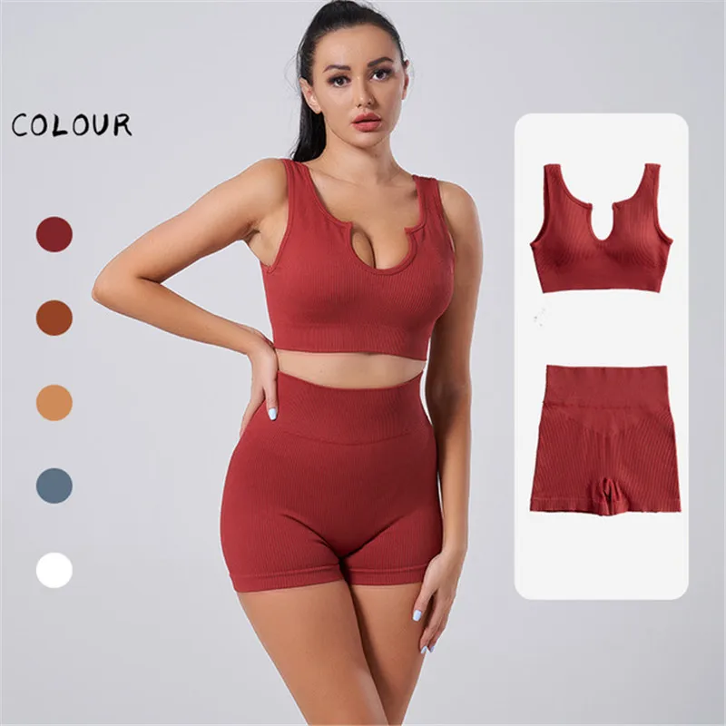

2 Piece Set Workout Clothes for Women Yoga Set U Shape Crop Top Push Up Yoga Bra Gym Clothing Seamless Fitness Shorts Yoga Suit