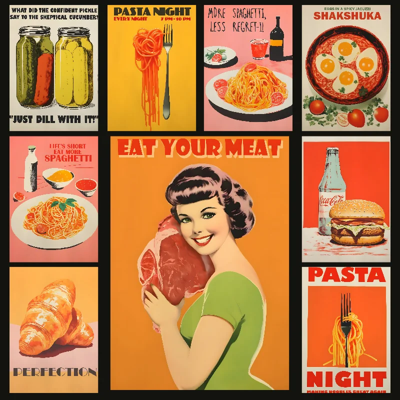 Vintage Food Croissant Pasta Meat Poster Self-adhesive Art Waterproof Paper Sticker Coffee House Bar Room Wall Decor