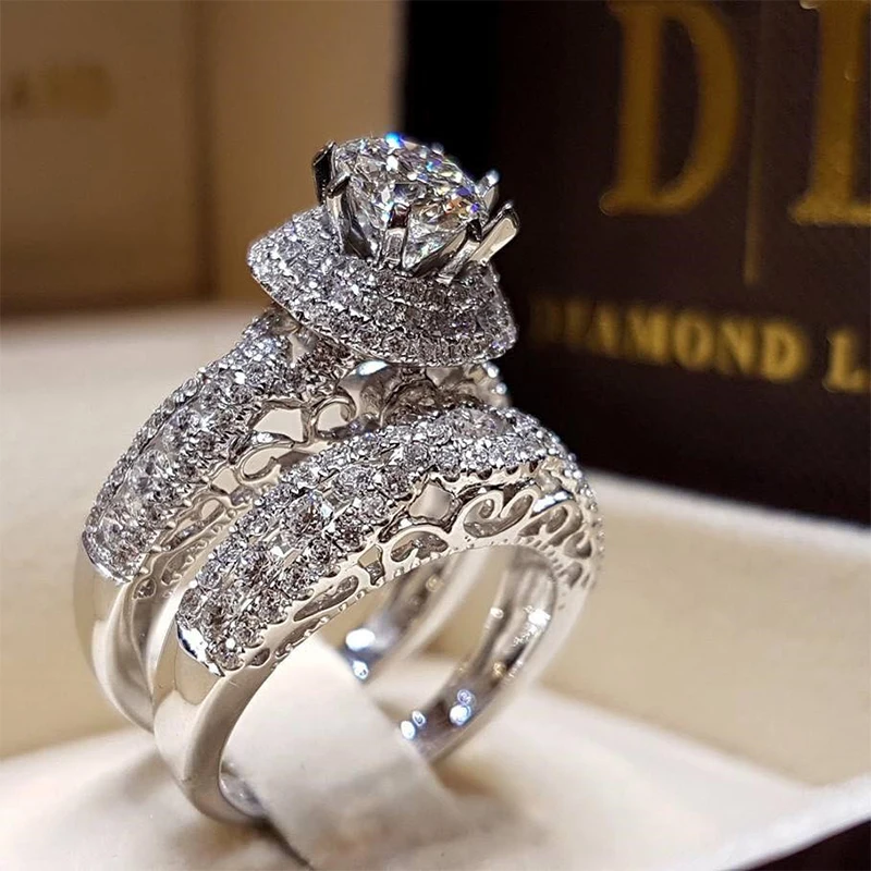 

2 Pcs/set Milangirl Luxury Crystal Female Big Zircon Stone Ring Set for Women Fashion Bridal Wedding Rings for Women Love Rings