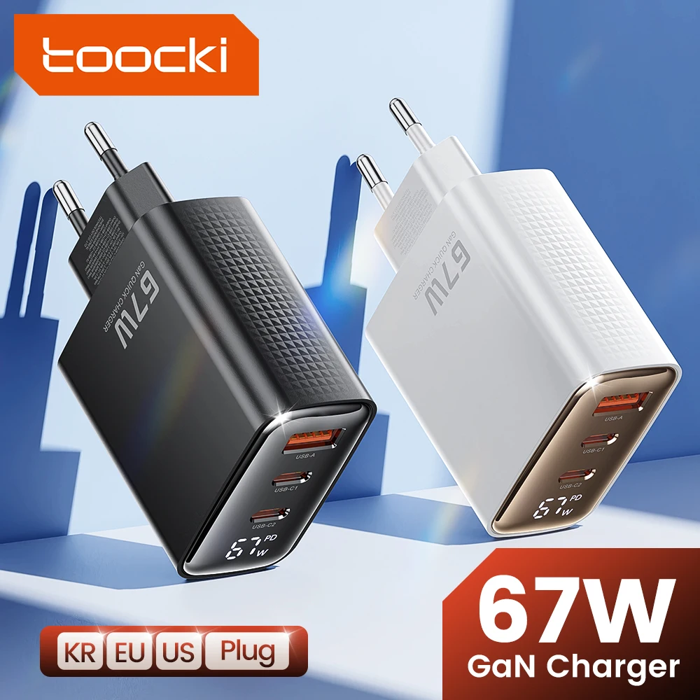 Зарядное устройство Toocki с двумя USB-портами и цифровым дисплеем, 67 Вт