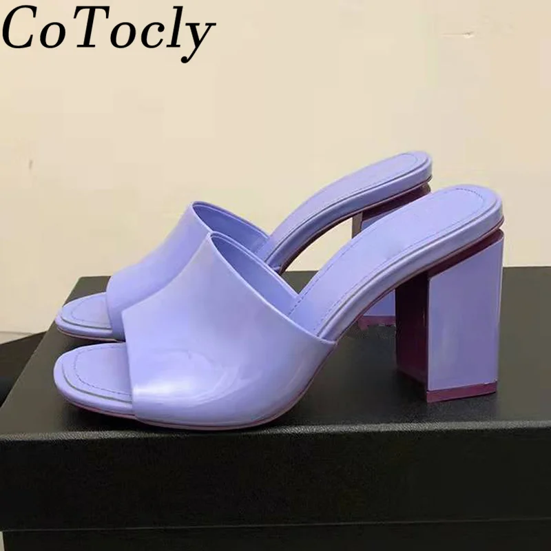 

Summer Mules High Heels Women Peep Toe Candy Colored Patent Leather Sandals Woman Chunky Heels Slippers Women Runway Shoes