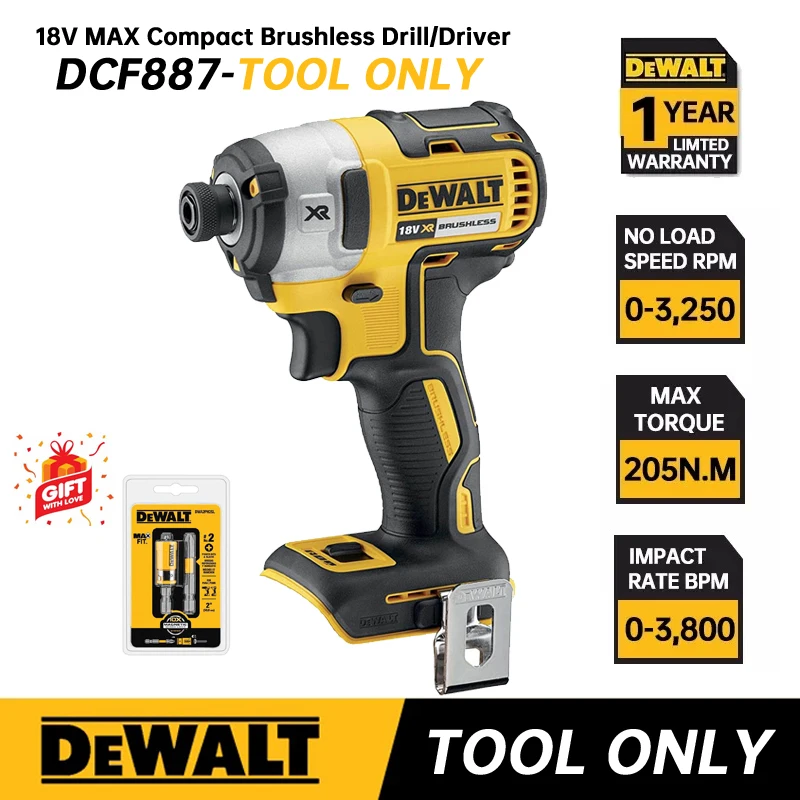 

Шуруповерт ударный DEWALT DCF887 аккумуляторный, 1/4 дюйма, 18 в
