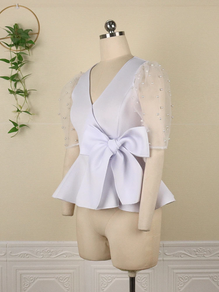 Блузка женская с V-образным вырезом пикантная тонкая прозрачная рубашка буффами