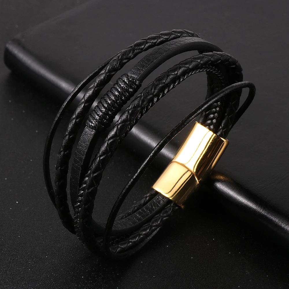 

Gothic Style Vintage Multilayer Bracelet Men Genuine Leather Woven Friendship Bangle Surgical Steel Magnetic Clasp Jewelry Gift
