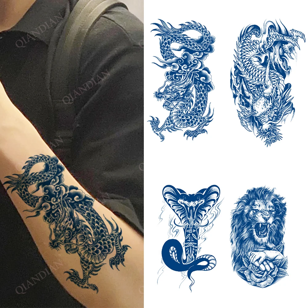 

Водостойкая Временная тату-наклейка Juice Ink, натуральный дракон, драгоценный камень, алфавит, боди-арт, женская рука, Лев, волк, искусственная татуировка для мужчин