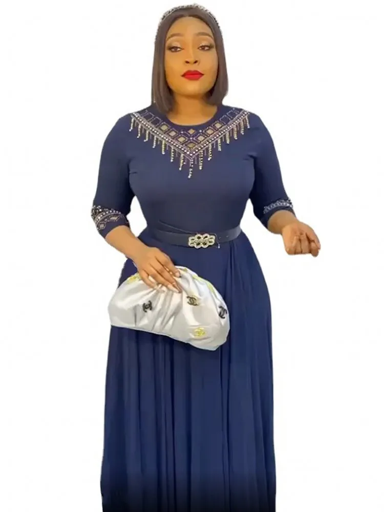 

Весна-Осень 2022, Африканское женское платье с круглым вырезом, однотонное длинное платье из полиэстера, женские платья макси в африканском с...