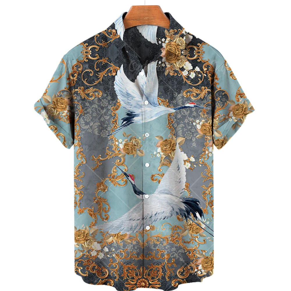 

Summer Hot-selling 3d Shirts for Men Hawaiian Crane Shirts Men's V-neck Single-breasted Light Short-sleeved Oversized T-shirts