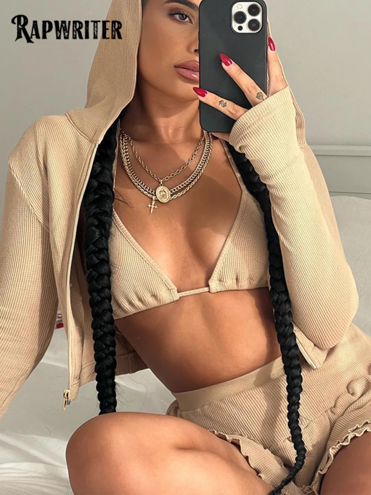 

Rapwriter Y2K Sporty Solid Women 3 Piece Set Casual Halter Neck Corset Tops+Long Sleeve Hoodies+Mini Skirts Matching Outfit 2022