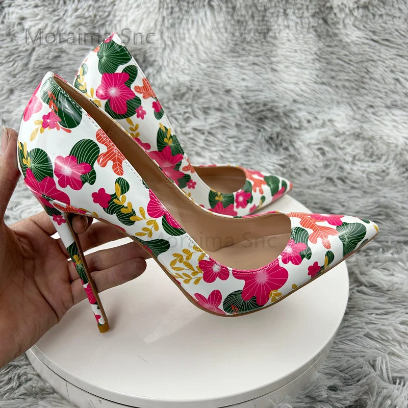 Print Super High Heels Shoes for Women Pumps Flowers Pointed Toe Shallow Stiletto Wedding Party Shoes Bride Female Spring