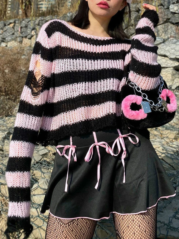 

Deeptown Y2K Gothic Striped Knitted Sweater Women Punk Retro Hollow Out Pullover Sexy Loose Jumper Pink Top Grunge Aesthetic Emo