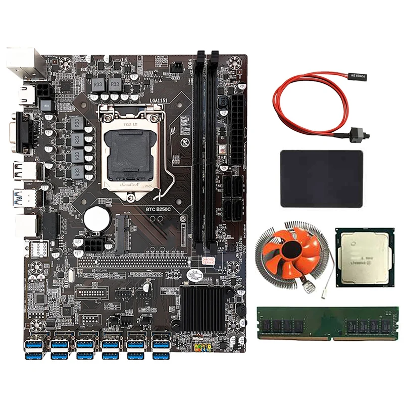 

B250C BTC Mining Motherboard With G3900 CPU+240G SSD+8G DDR4 RAM+Fan+Switch Cable 12 USB3.0 Slot LGA1151 DDR4 SATA3.0
