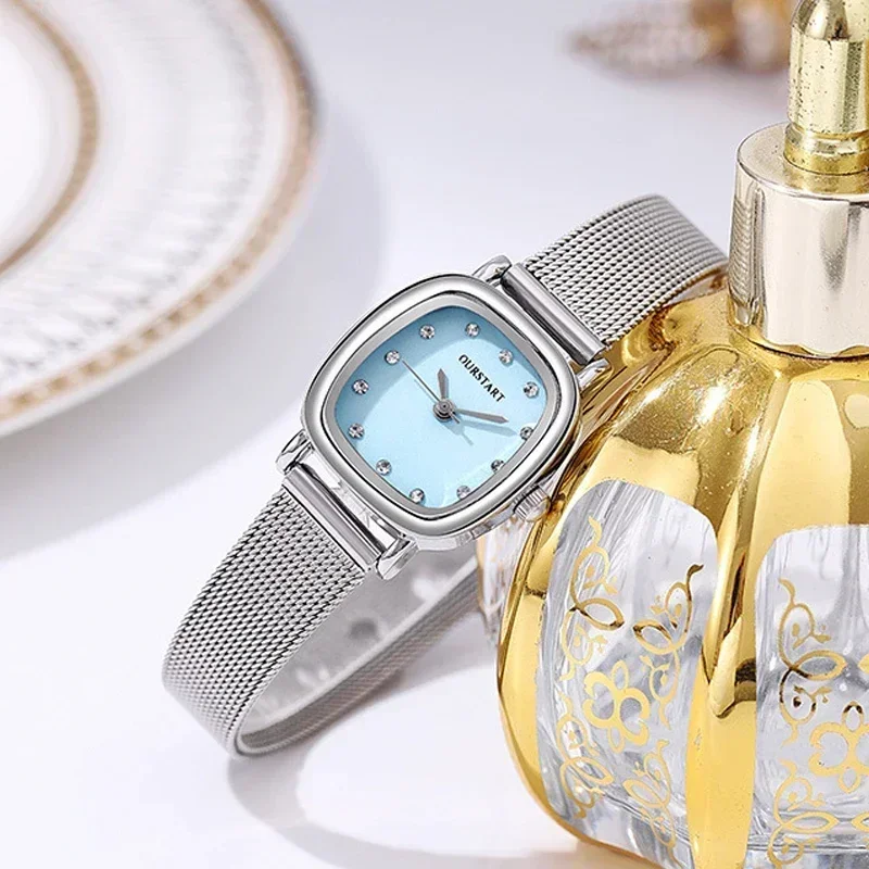Женские часы из сетчатого сплава циферблат со стразами кварцевые наручные для