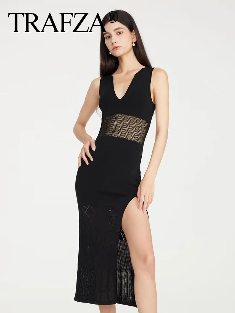 

TRAFZA Summer Dress For Women Solid Sexy Slim Slit Side Hollow Out Midi Dress Vintage Thin Straps V-Neck Female Chic Dresses