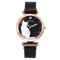 luxury blackredorange stainless steel mesh women dress watches wristwatch cat bracelet watch female round clock quartz watches