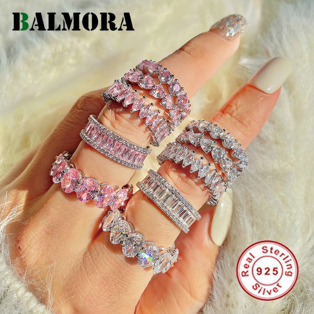 

BALMORA Real S925 Silver Vintage Pink 5A Zircon Love Heart Rings For Women Girl Luxury Simple Wedding Band Anillos Jewelry Gift