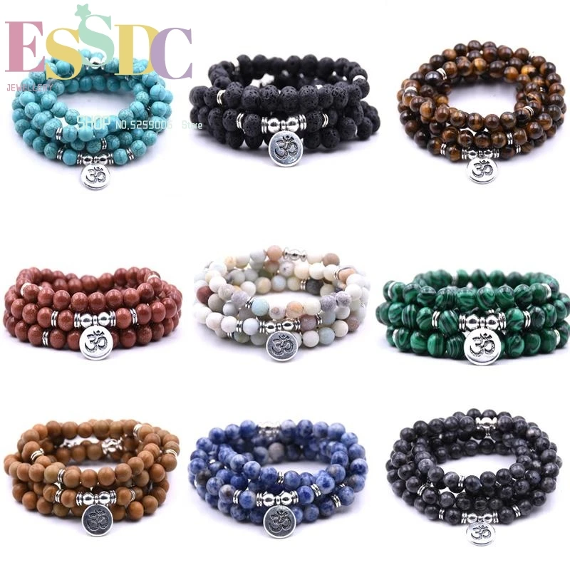 

Hot Sale 108 Natural Energy Stone Hand Beaded Prayer Healing Yoga OM Charm Bracelet Women Men Fashion Jewelry