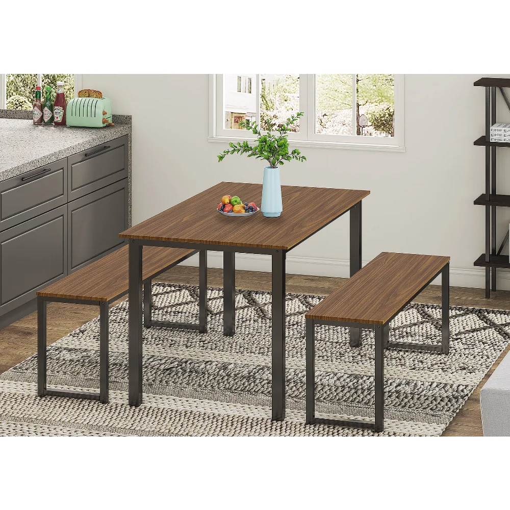 

Homury 3 Piece Dining Table Set with Two Benches, Brown