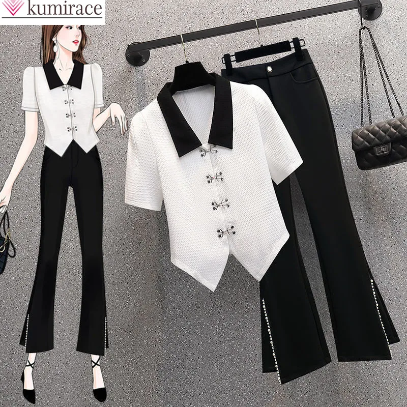 

Summer New Retro Elegant Women's Pants Set Fashion Chiffon Shirt Wide Leg Pants Two Piece Set Office Leisure Suit Fashion Blouse