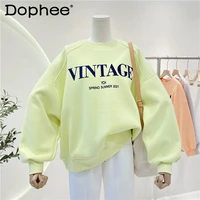 fleece lined thickened crew neck pullover sweatshirt womens korean style outerwear autumn and winter flocking letters casual