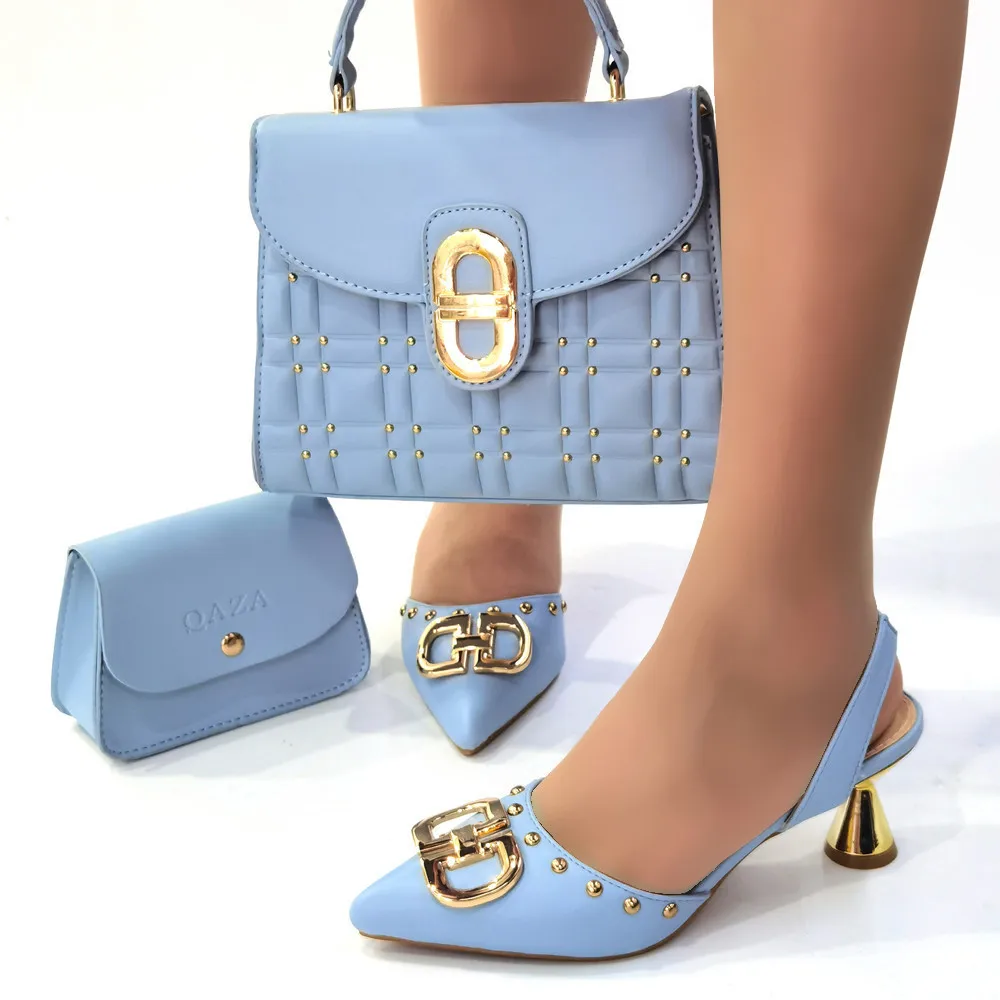 Sandals Italian Design New Light Blue Full Flash Drill Pointed Women's Shoes Exquisite Party Women's Shoes And Bag Set